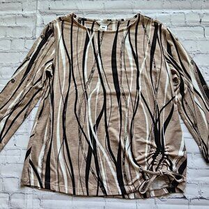 Multiples Women’s Top Beige Black Abstract Print Button Sleeves Tie Hem Size S